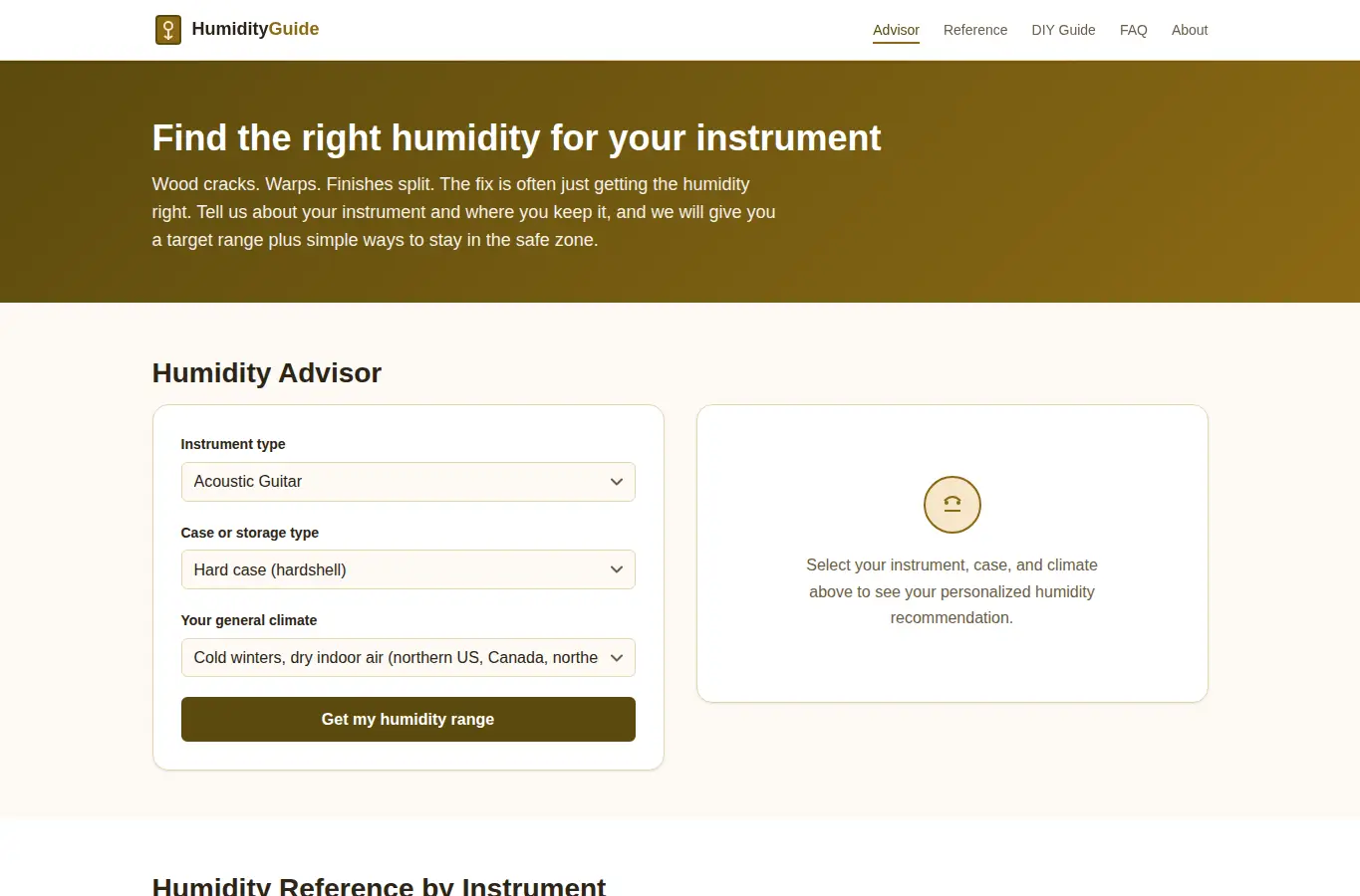 Screenshot of Instrument Case Humidity Guide interface showing the project page in use